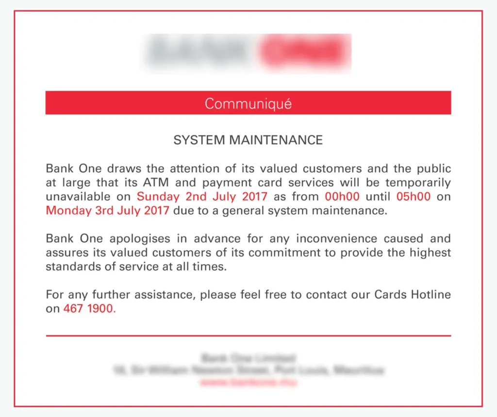 System Maintenance or Downtime Notifications email examples